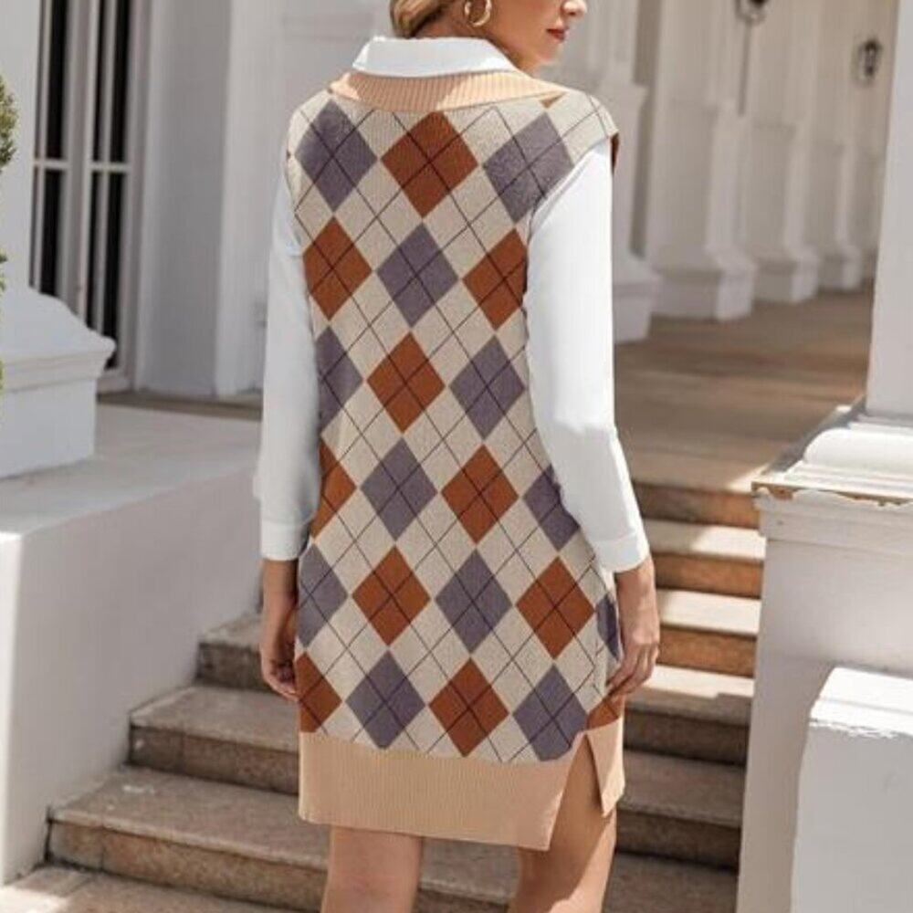 Women's Khaki Diamond Sweater Vest Dress Oversized Sleeveless Pullover V Neck - Picture 4 of 6
